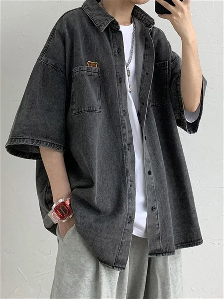 2025 Shirts Men Clothing Fashion Short Sleeve Summer Korean Style Loose All-match Cargo Handsome Homme Solid Tops Harajuku