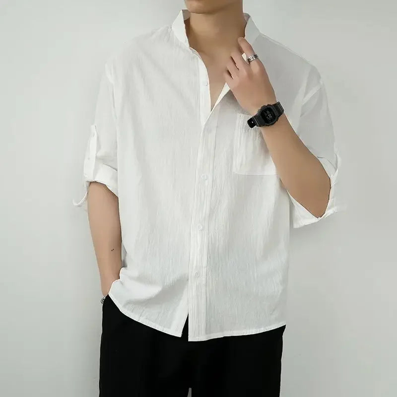Male Shirts Linen Black Half Sleeve Oversize