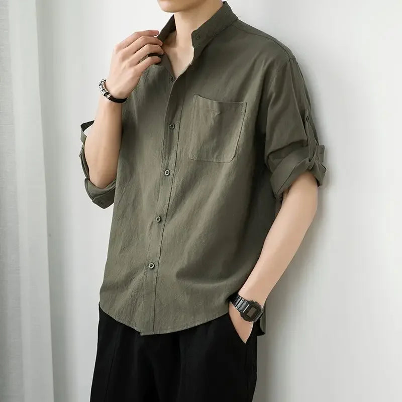 Male Shirts Linen Black Half Sleeve Oversize