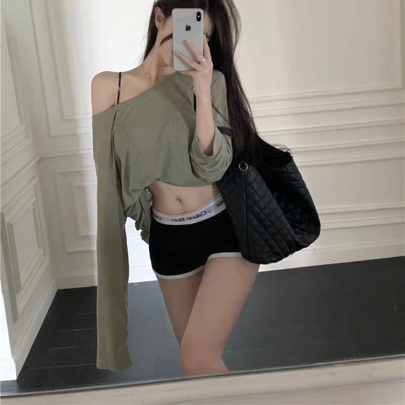 Korean White Off Shoulder Top Long Sleeve T-Shirt Women