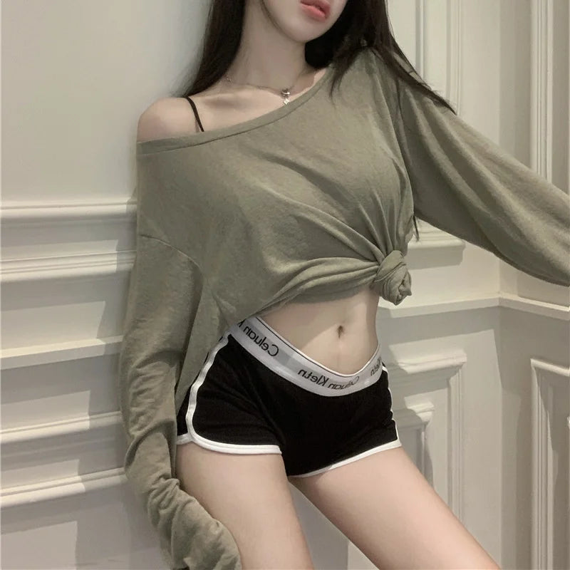 Korean White Off Shoulder Top Long Sleeve T-Shirt Women