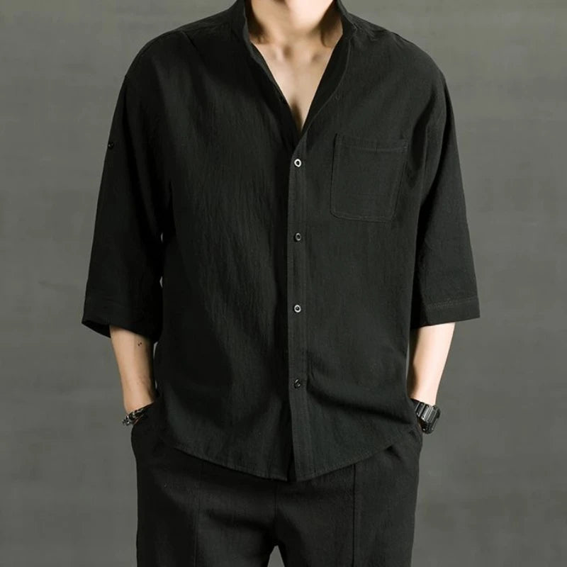 Male Shirts Linen Black Half Sleeve Oversize