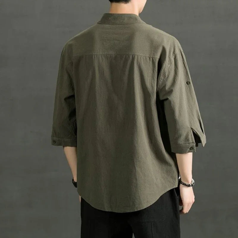 Male Shirts Linen Black Half Sleeve Oversize
