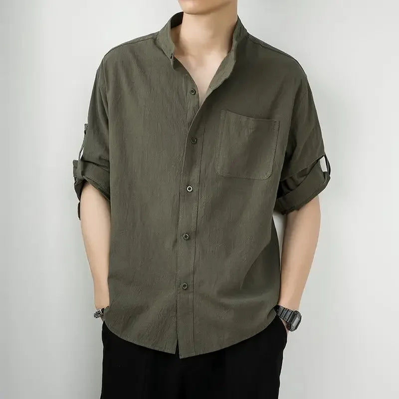 Male Shirts Linen Black Half Sleeve Oversize