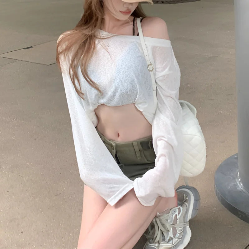 Korean White Off Shoulder Top Long Sleeve T-Shirt Women