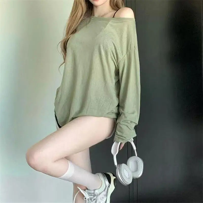 Korean White Off Shoulder Top Long Sleeve T-Shirt Women