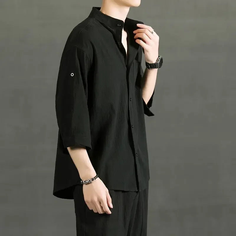 Male Shirts Linen Black Half Sleeve Oversize